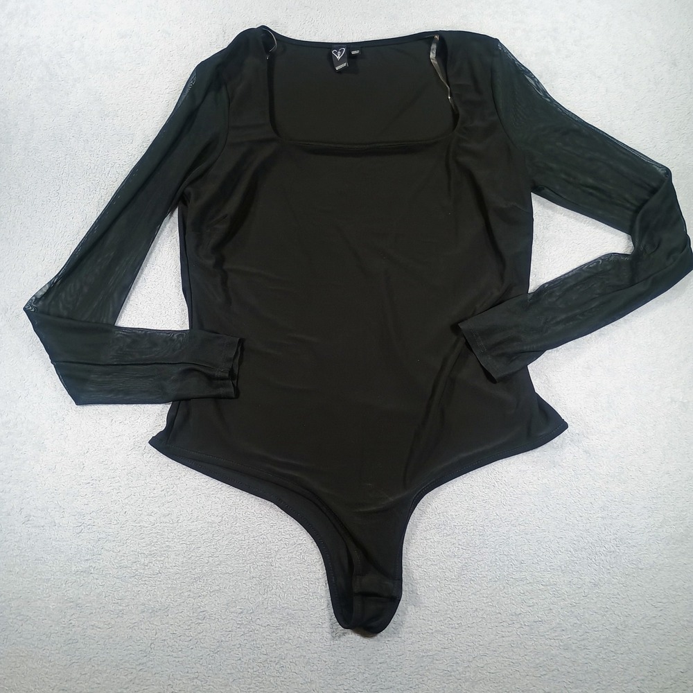 Windsor Women Bodysuit Black L Mesh Long Sleeve Square Neck